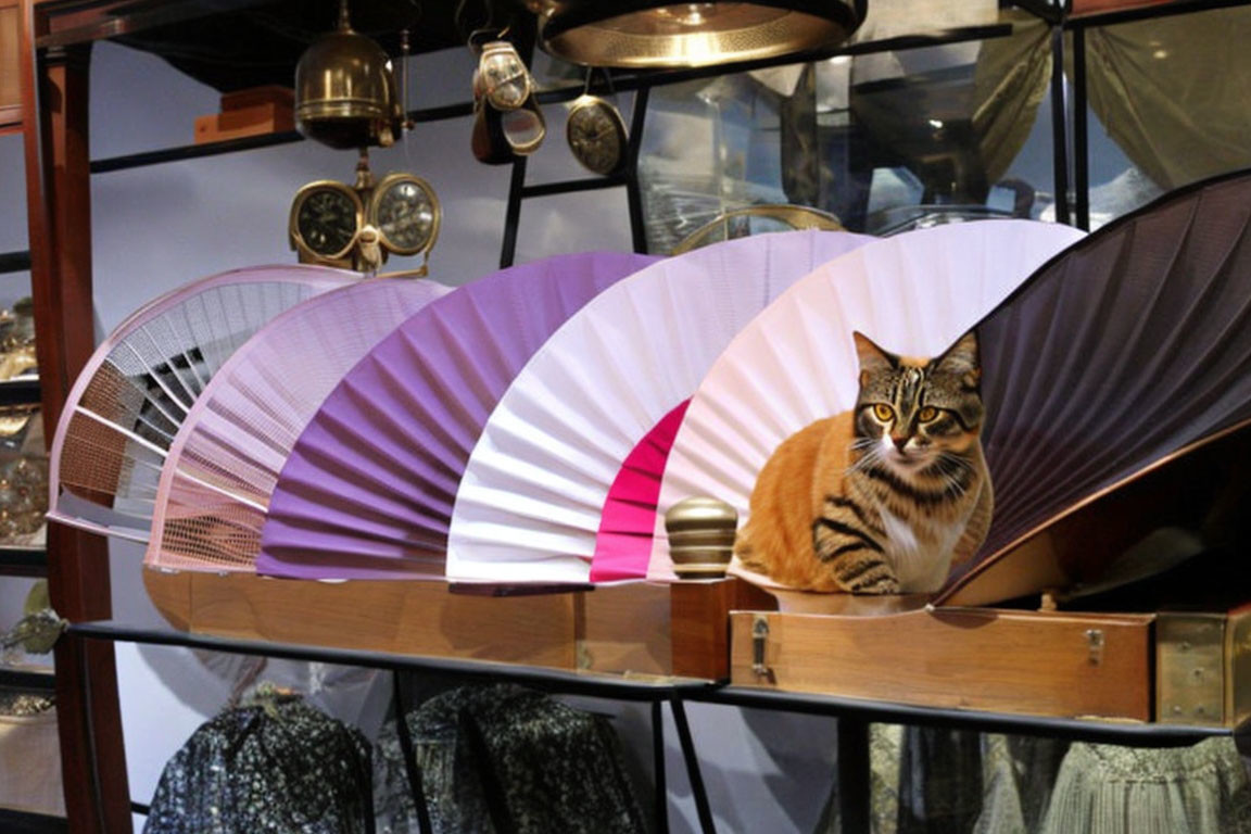 Cat sitting on shelf in front of colorful paper fans in cozy vintage room