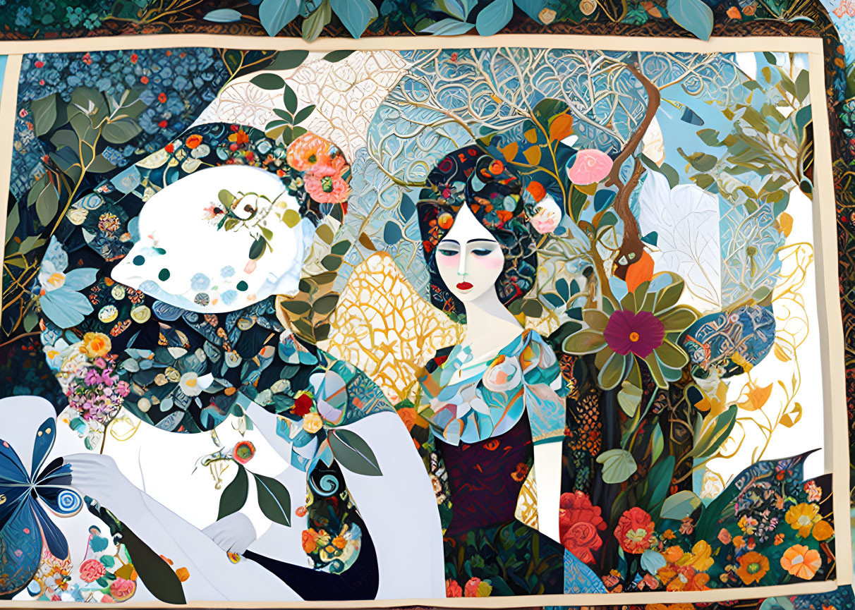Vibrant illustration of stylized woman with peacock in lush floral scene