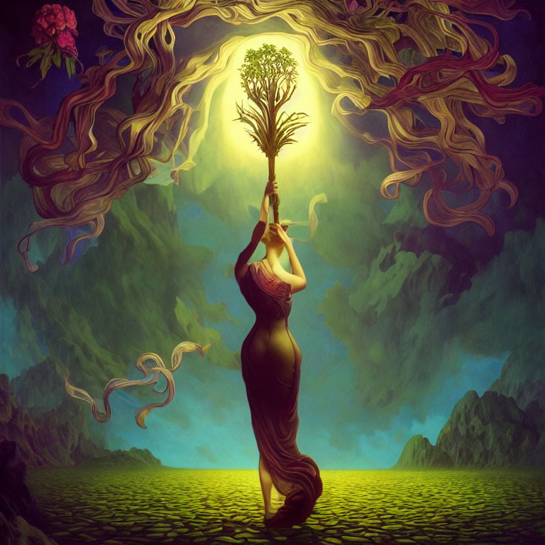 Surreal illustration of woman with flowing hair and glowing tree in mystical mountain scene