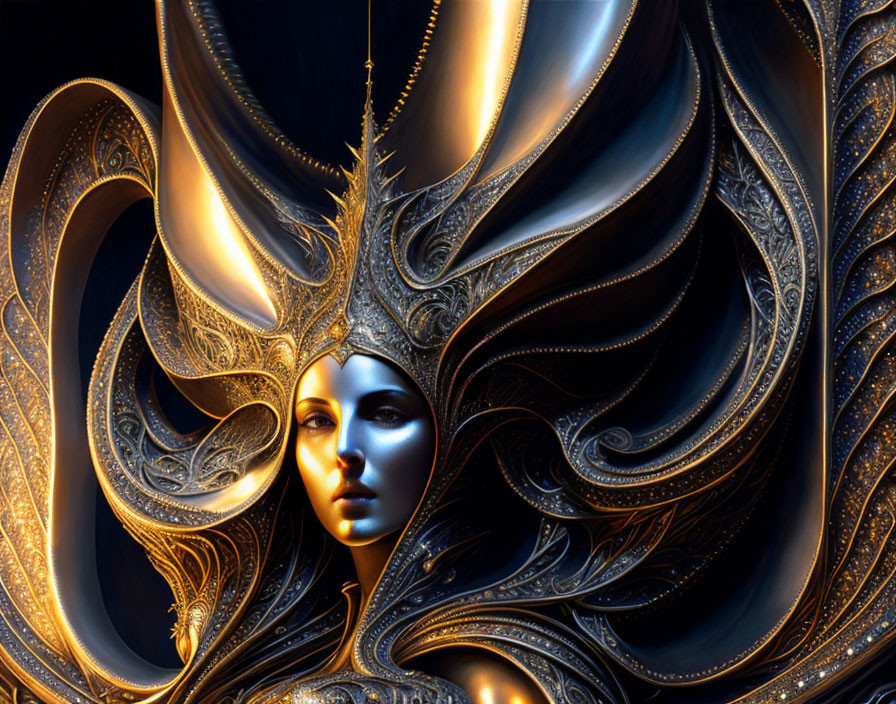Digital artwork: Female figure with metallic skin and ornate crown in golden swirls.