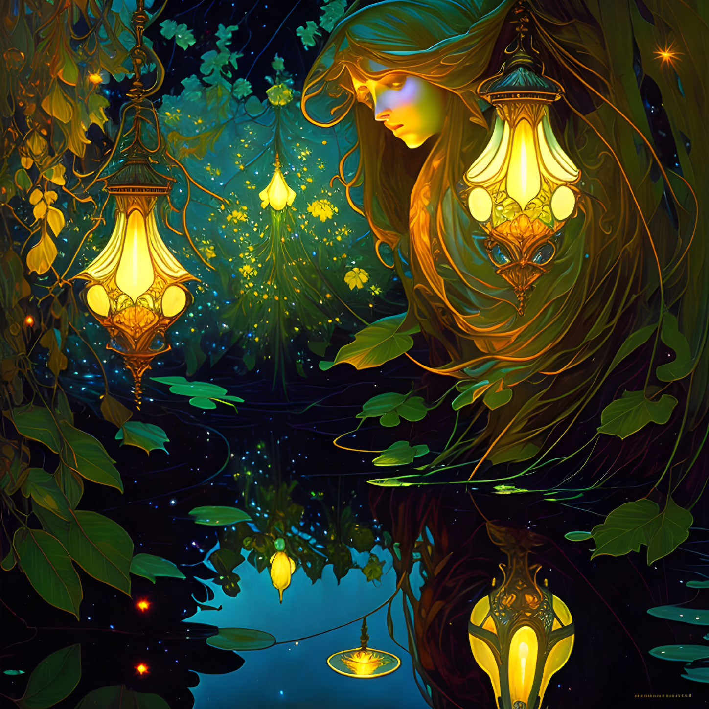 Mystical forest scene with glowing lanterns and serene woman at night