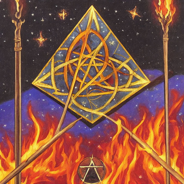 Golden geometric symbol surrounded by cosmic patterns and fiery torches on a starry night sky.