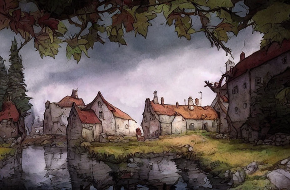 Whimsical village with stone cottages near stream under gloomy sky