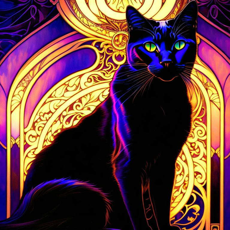Colorful illustration of black cat with green eyes in front of stained glass window