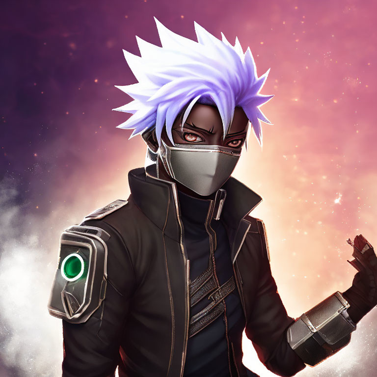 Character with spiky white hair and mask in futuristic black jacket