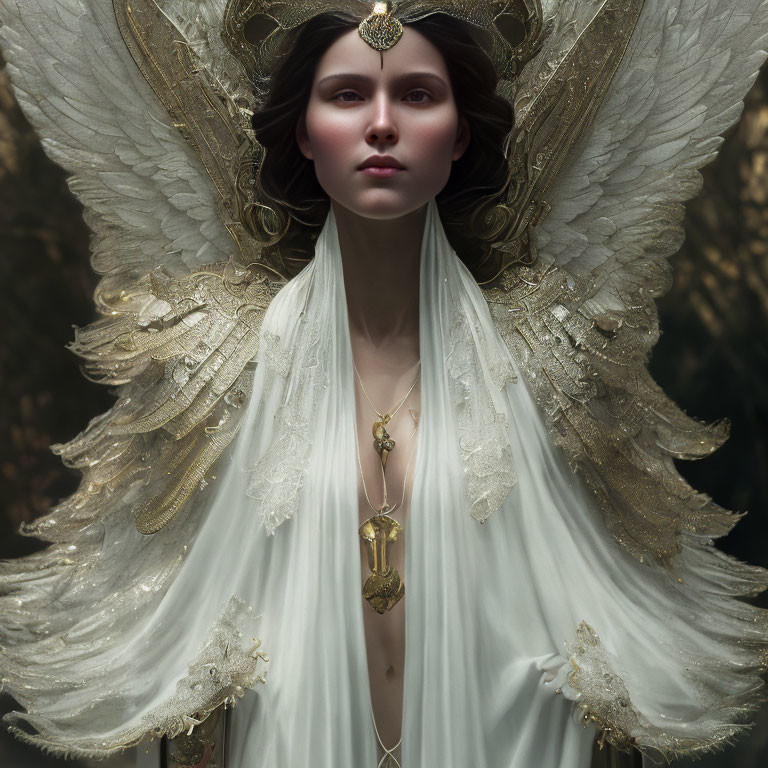 Ethereal figure with white and gold wings and ornate attire