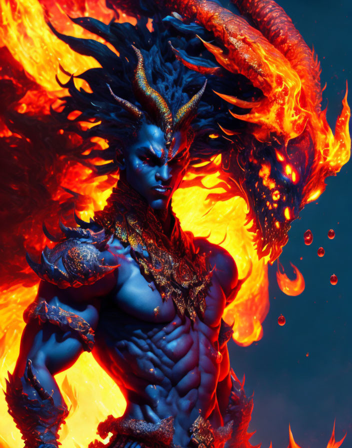 Blue-skinned mythical creature with golden armor and flaming dragon in a dark, dramatic scene