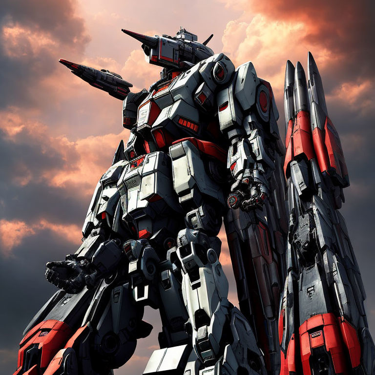 Red and White Armored Mech with Missile Launchers in Dramatic Sky