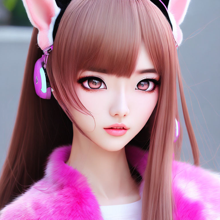 Animated character with large purple eyes, pink cat ears, headphones, and pink fur collar.