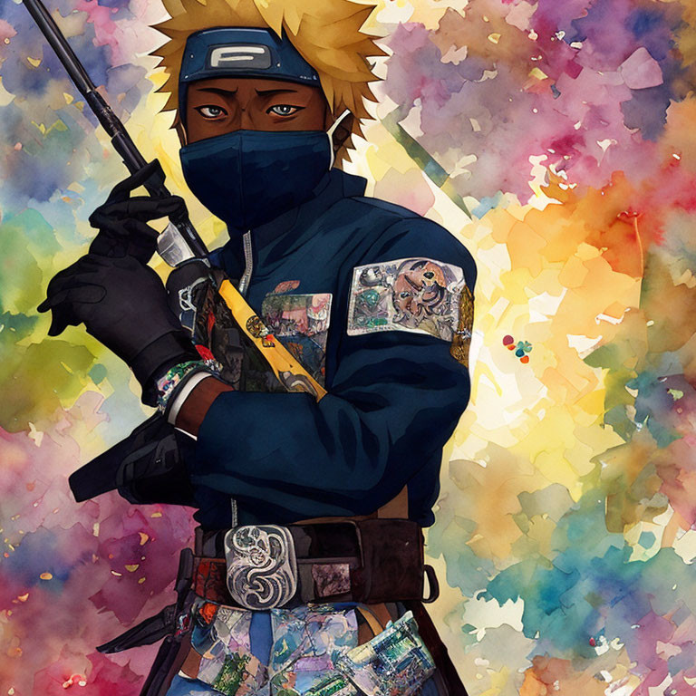 Blond Spiky-Haired Ninja in Colorful Attire on Vibrant Background