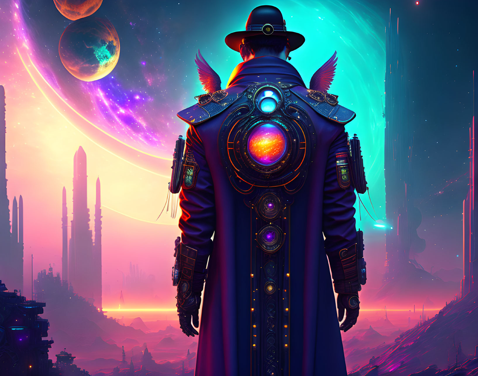 Futuristic figure in ornate coat and hat on vibrant alien landscape