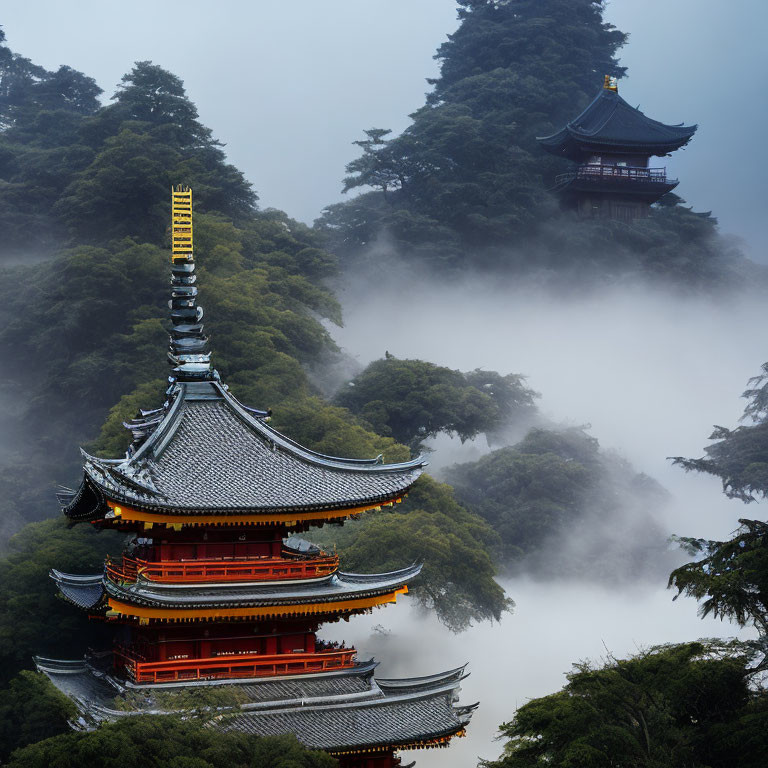 Traditional multi-tiered pagoda in misty green landscape