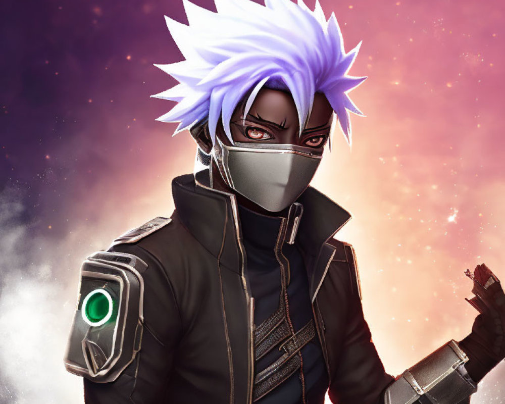 Character with spiky white hair and mask in futuristic black jacket