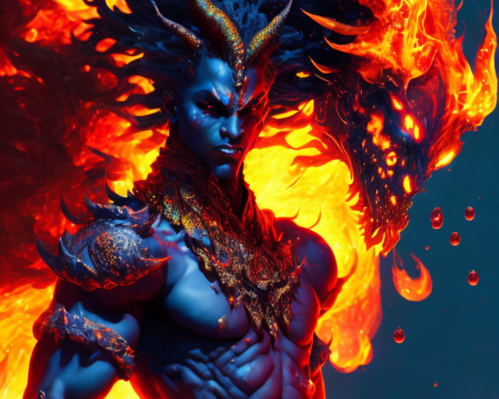 Blue-skinned mythical creature with golden armor and flaming dragon in a dark, dramatic scene