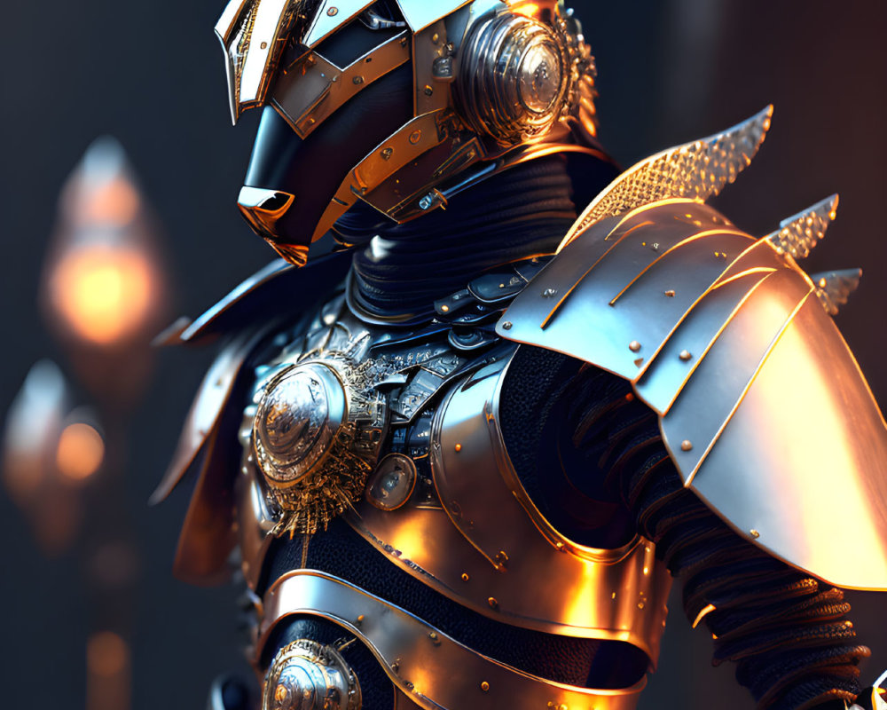 Detailed 3D rendering of robotic knight with intricate armor and horse-shaped helmet