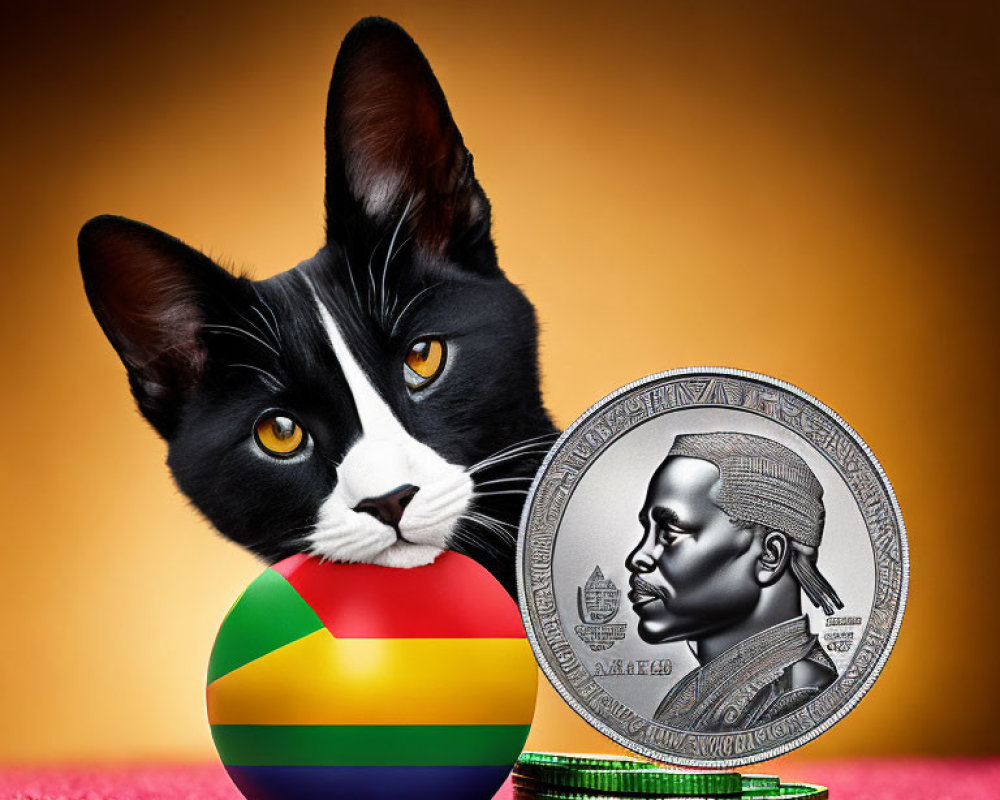 Black and white cat with coin, colorful ball on pink surface, golden background