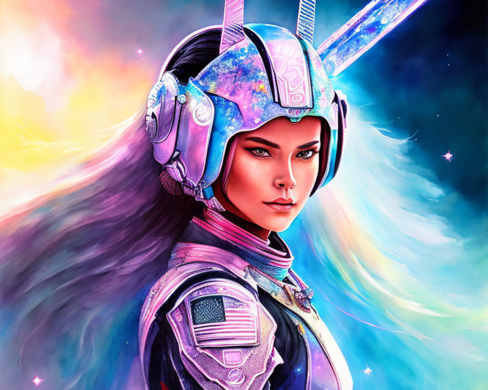 Futuristic armor woman with glowing horn helmet in cosmic setting