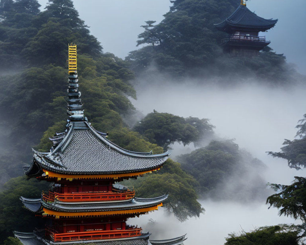 Traditional multi-tiered pagoda in misty green landscape