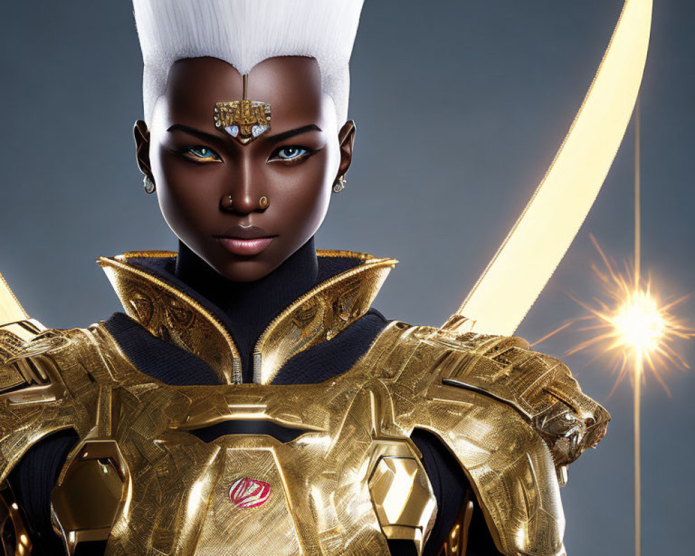 Dark-skinned female warrior in golden armor with blue eyes and white mohawk - 3D