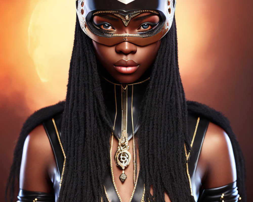 Portrait of woman with braided hair and futuristic visor against fiery backdrop
