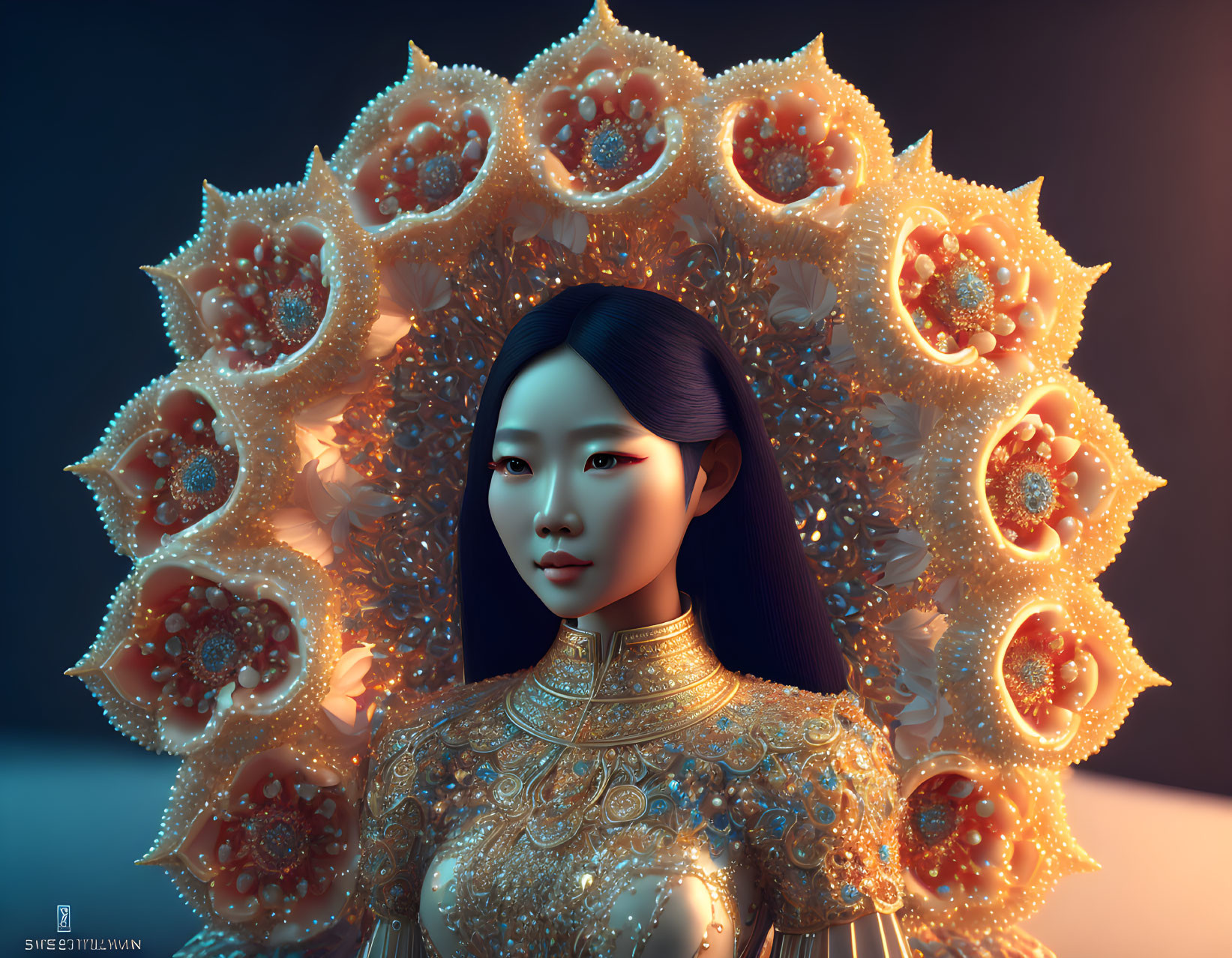 Digital Art: Asian Woman in Golden Floral Headdress & High-Collared Dress