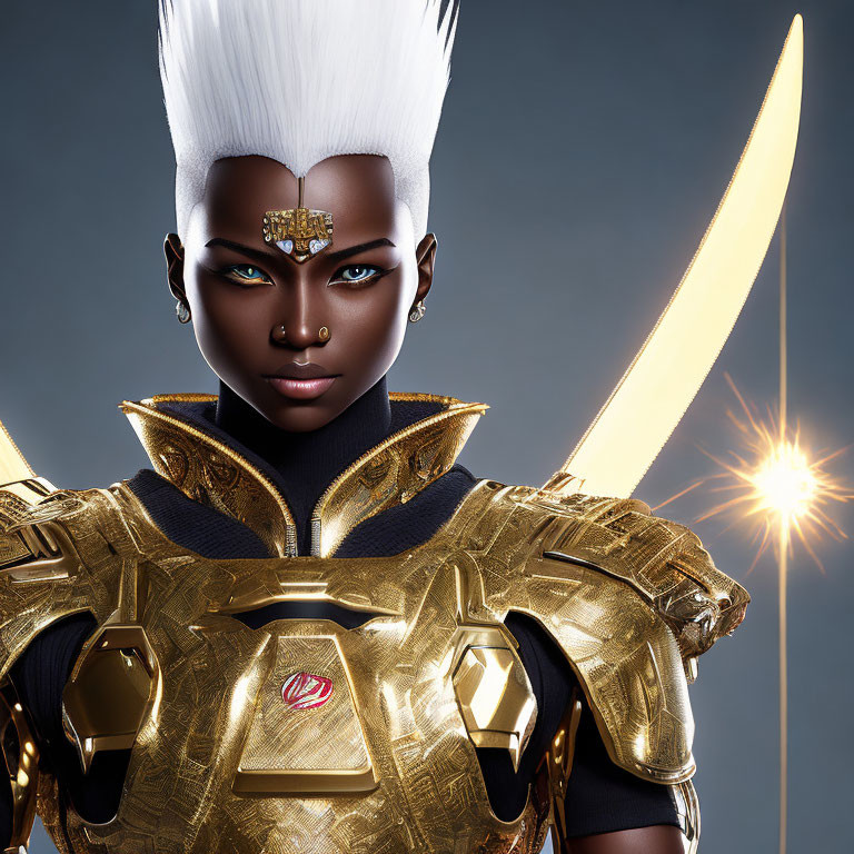 Dark-skinned female warrior in golden armor with blue eyes and white mohawk - 3D