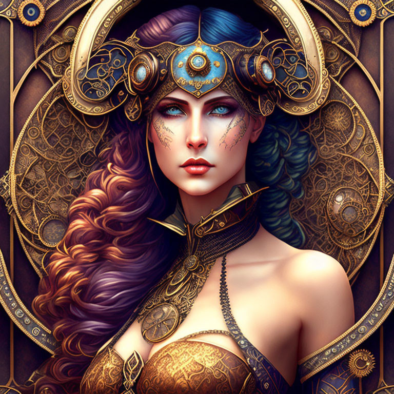 Intricate fantasy art: woman with golden headgear, blue eyes, multicolored hair,