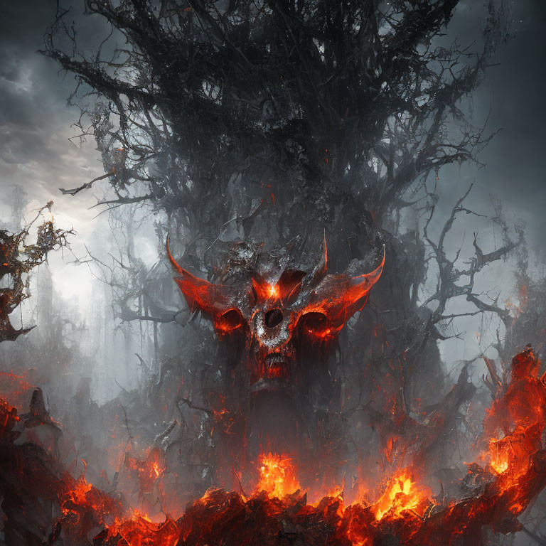 Menacing skull with large horns in eerie forest with red embers.