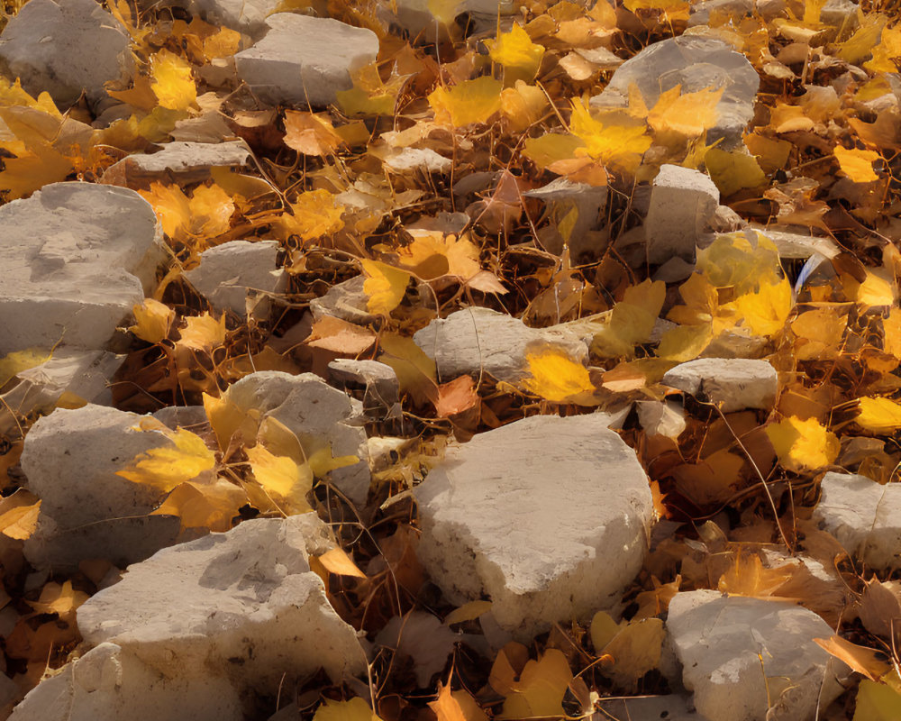 Sunlit Autumn Leaves Among Gray Rocks Scene