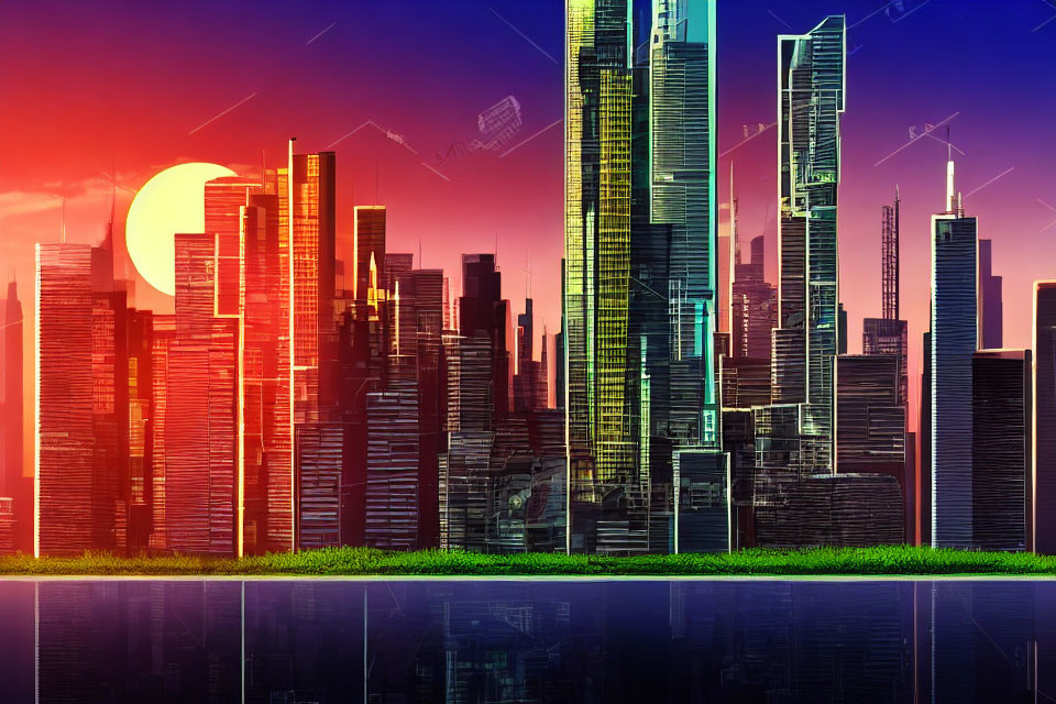 Futuristic city skyline at sunset with high-rises and cranes