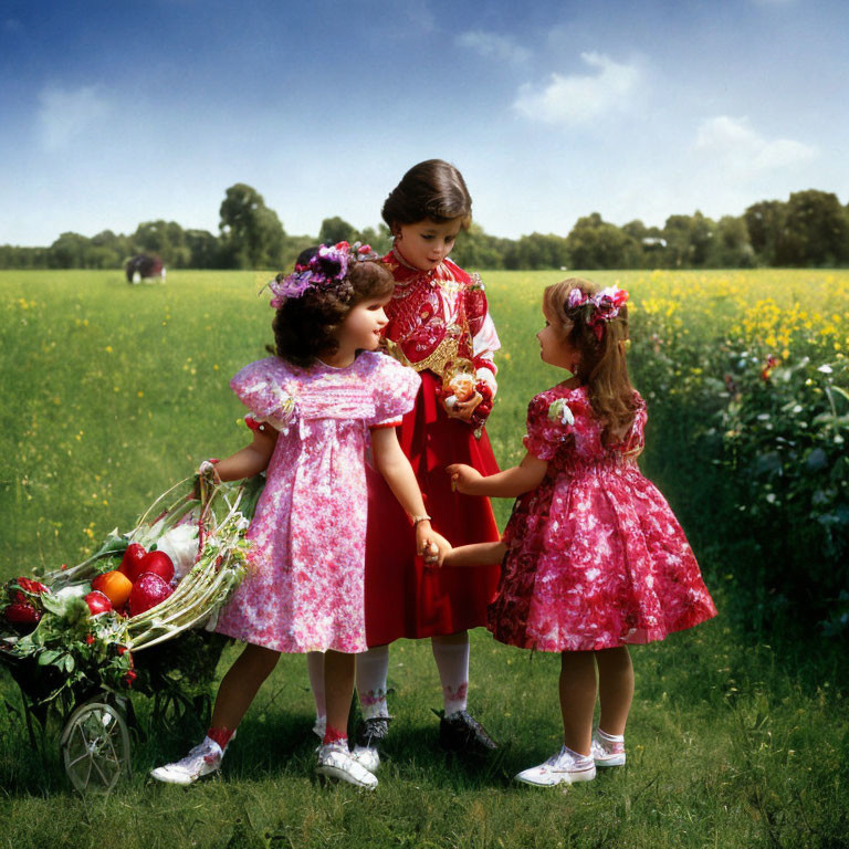 Three girls in fancy dresses with floral headbands in a sunny meadow with a cart of flowers.