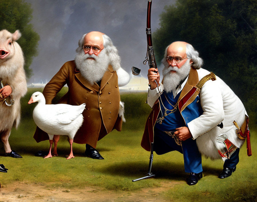 Elderly men with beards, duck, rifle, and pig in fantasy pastoral scene