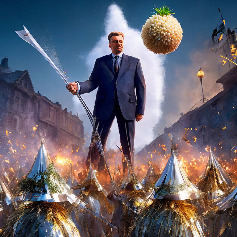 Giant man in suit with spear in flaming medieval setting and floating pineapple