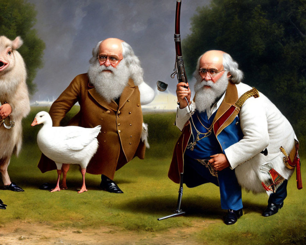 Elderly men with beards, duck, rifle, and pig in fantasy pastoral scene
