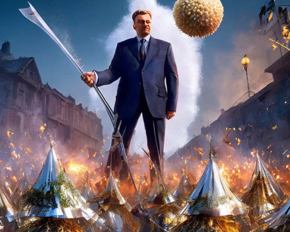 Giant man in suit with spear in flaming medieval setting and floating pineapple