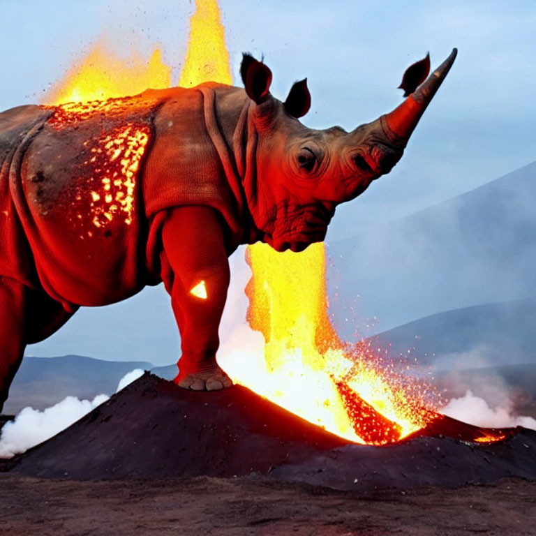Digital artwork: Lava rhinoceros near erupting volcano at dusk