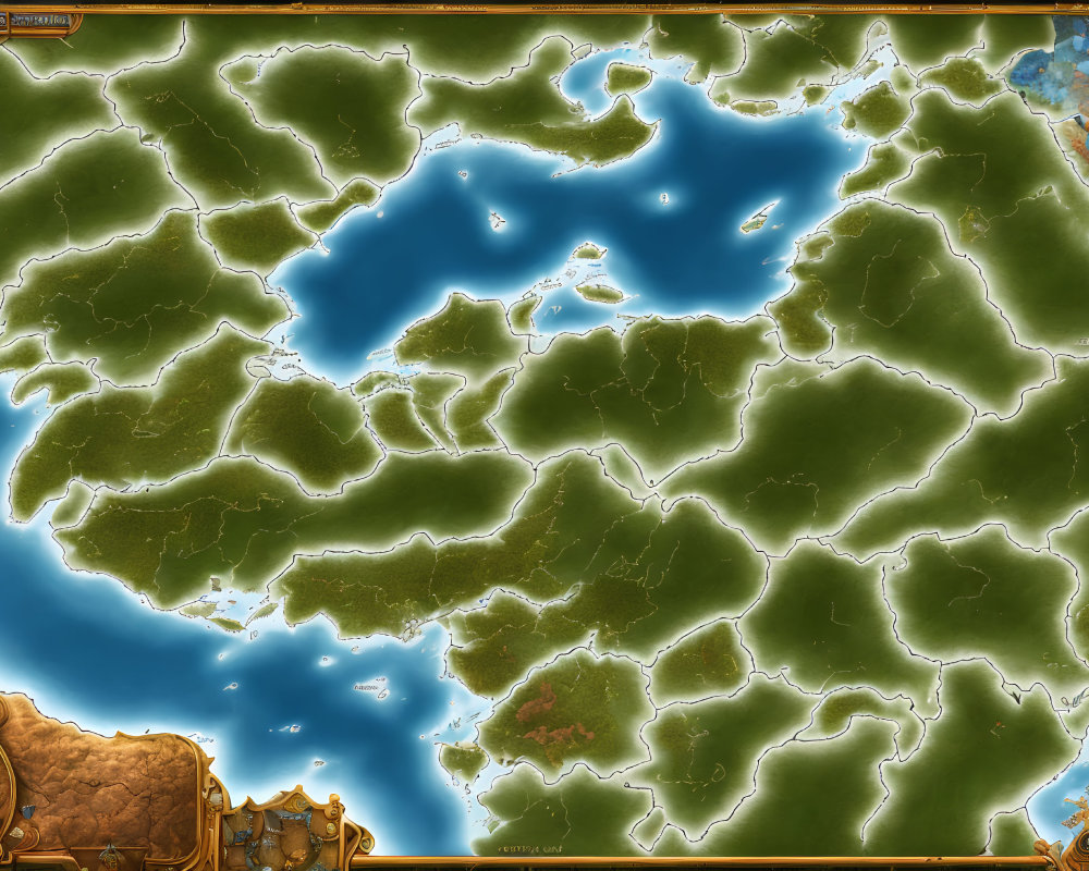 Fantasy map with central sea, intricate landmasses, bays, peninsulas & islands