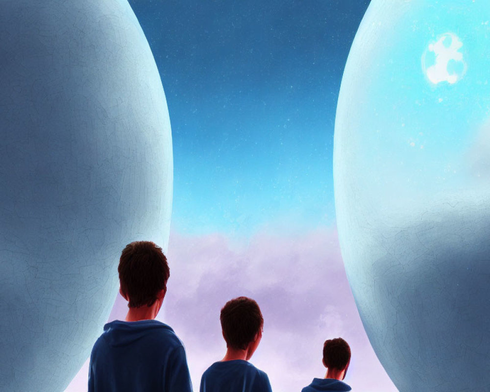 Three people viewing two large celestial bodies in a colorful sky