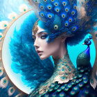 Fantastical woman with peacock feather attire and bird in vibrant blue setting