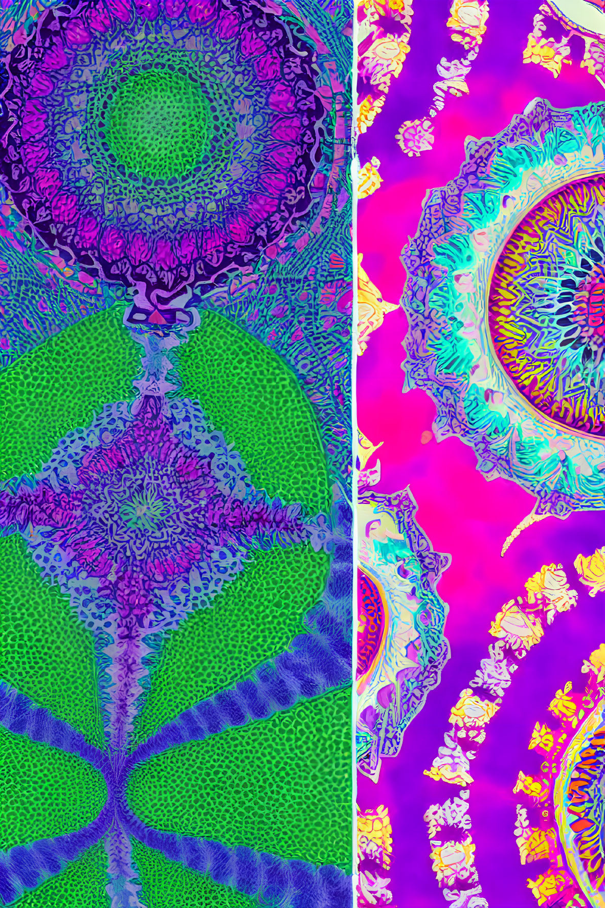 Colorful Psychedelic Mandala Art in Purple, Blue, Green, and Pink