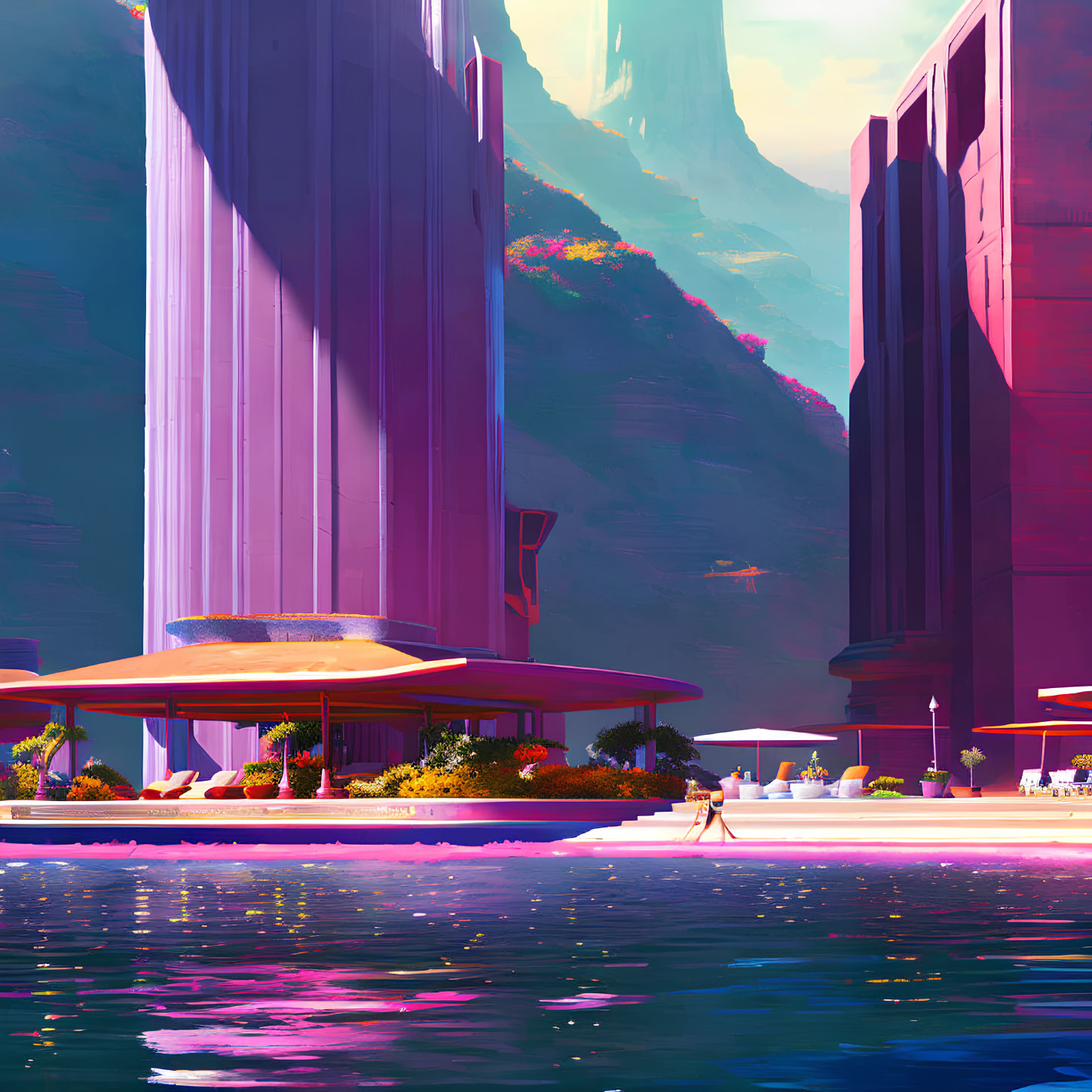 Futuristic cityscape with reflective water and hazy mountains