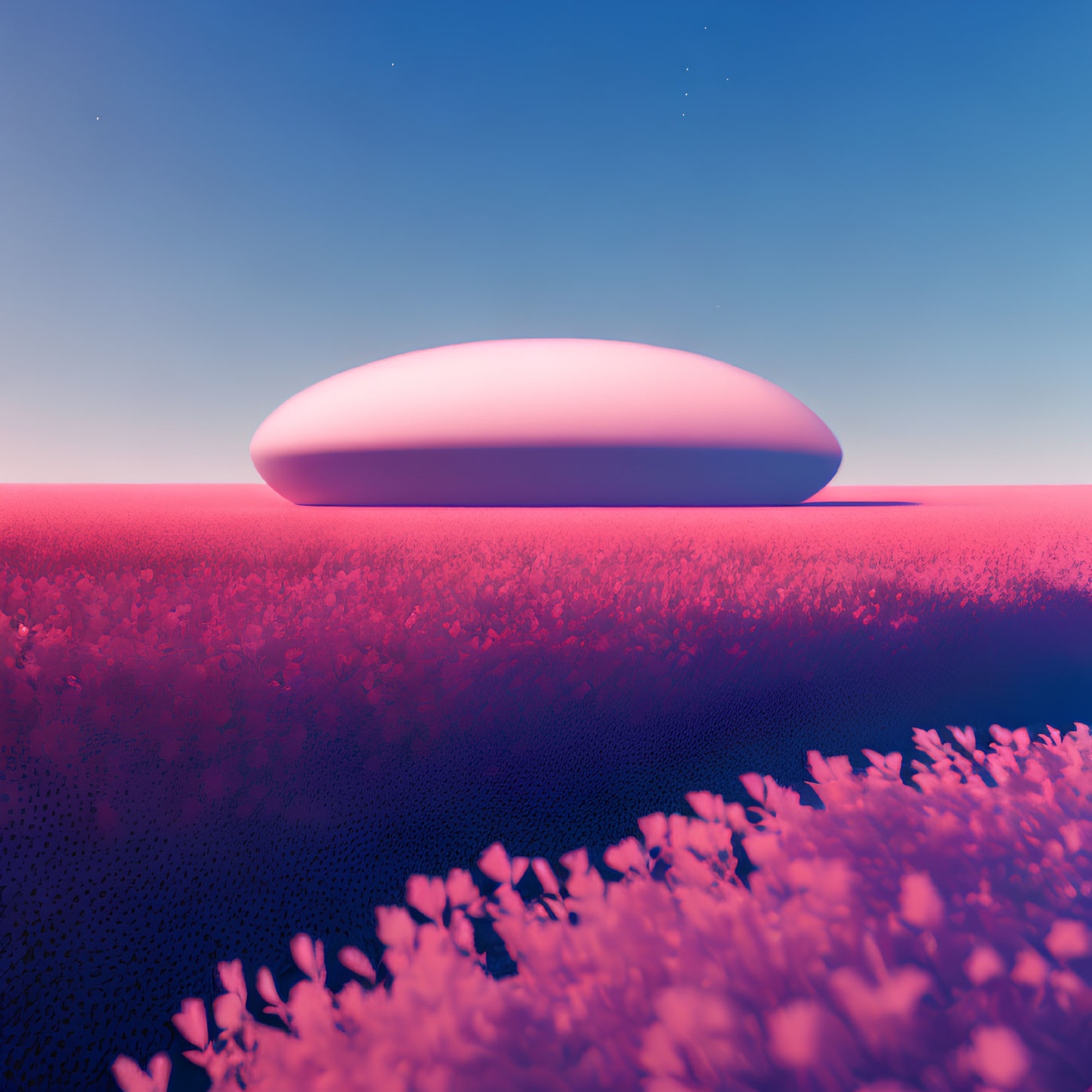 Surreal landscape with pink foliage and hovering white object