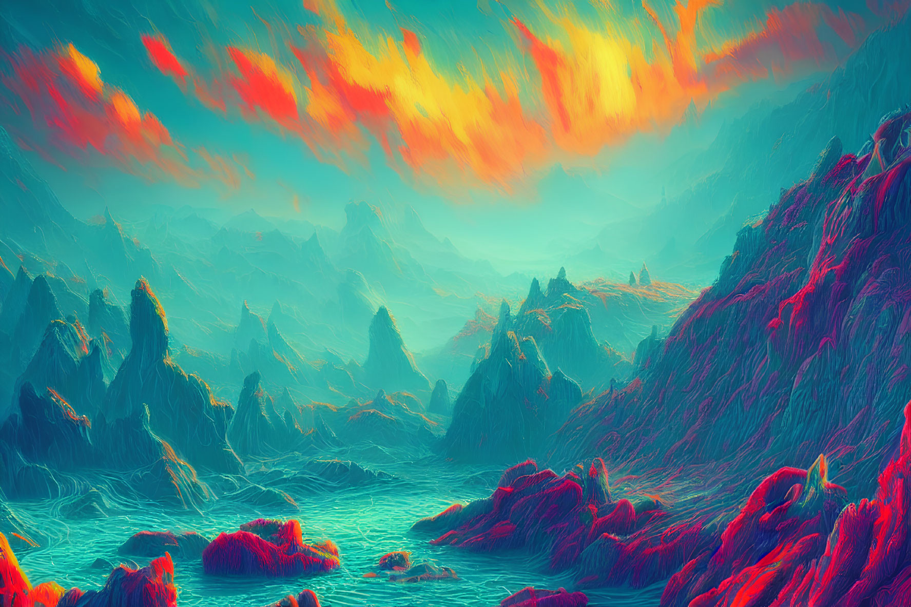 Surreal landscape with layered mountains under fiery sky