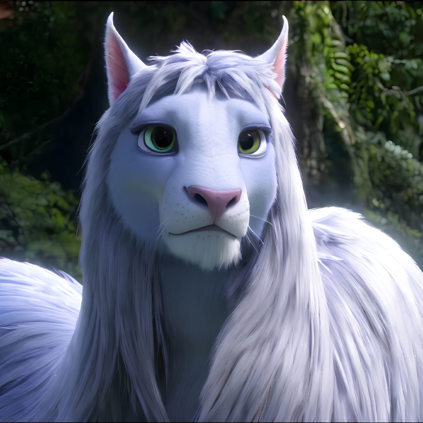Mythical white creature with blue eyes in dark forest