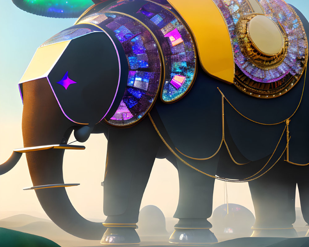 Colorful ornate elephant with futuristic design and glowing patterns on iridescent textures against natural backdrop.