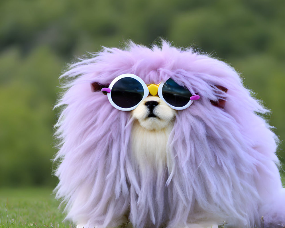 Pink-Haired Dog in Round Sunglasses on Grass with Green Background