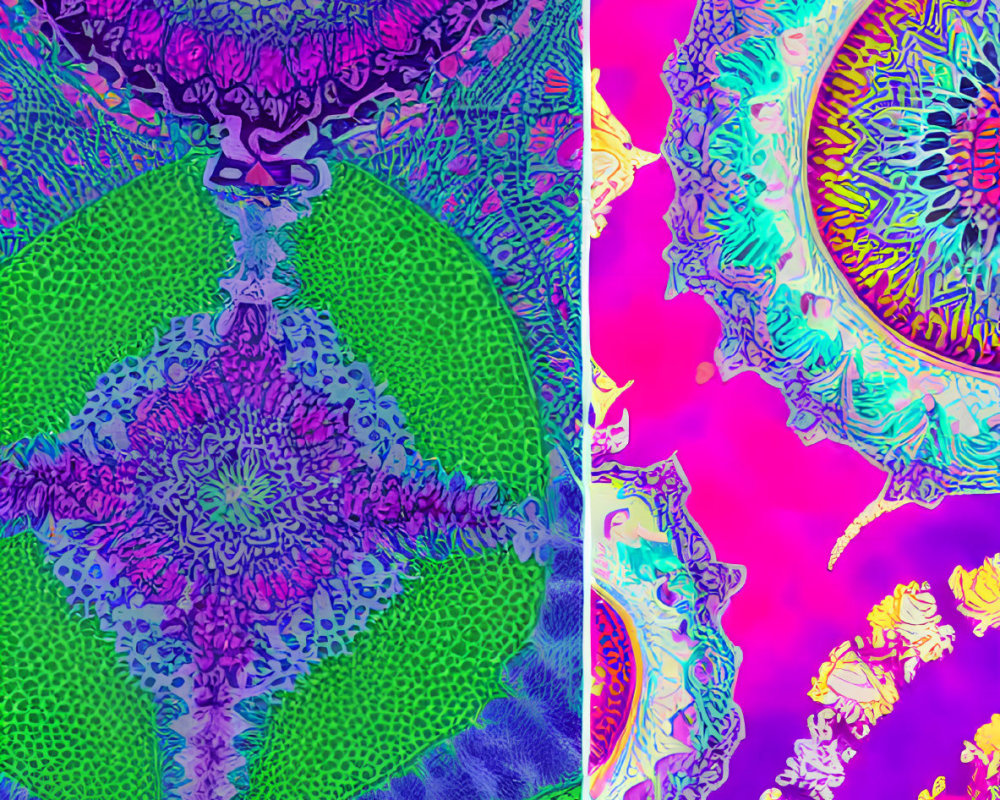 Colorful Psychedelic Mandala Art in Purple, Blue, Green, and Pink