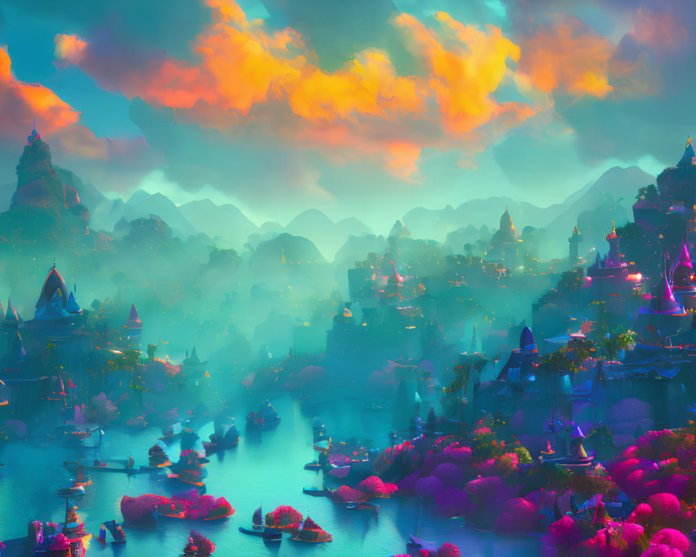 Colorful Clouds and Luminous Mountains in Serene Village Landscape