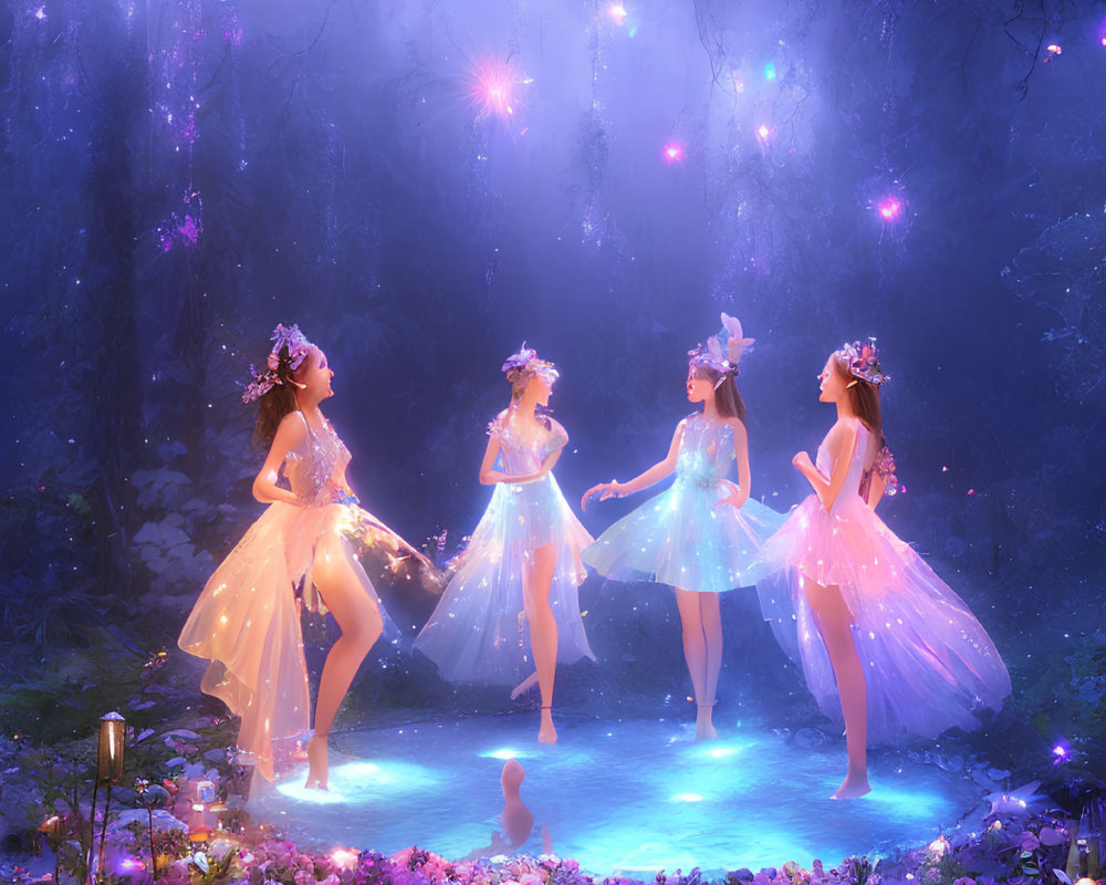 Ethereal figures in glowing dresses and floral crowns dance in mystical glade