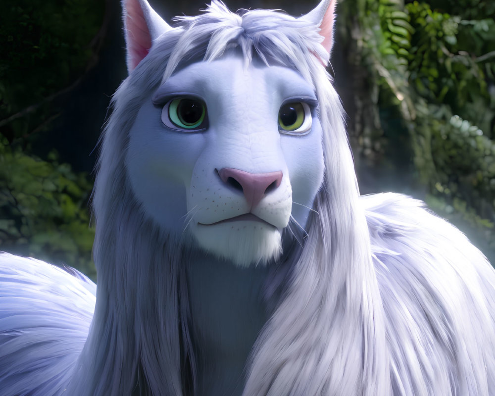 Mythical white creature with blue eyes in dark forest